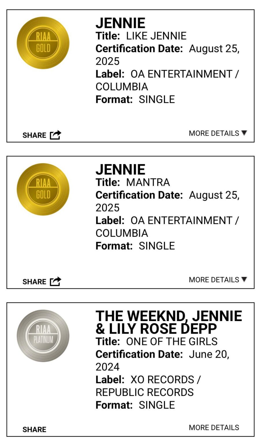 250827 تصبح جيني أول عازف منفرد K-Pop الذي يحصل على العديد من الأغاني التي تكسب شهادة RIAA!