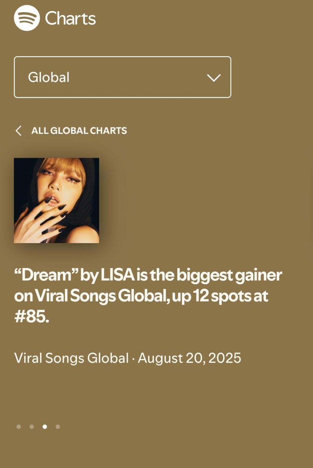 250821 ليزا "Dream" هو أعظم الرابحين في Global Spotify Viral 100 الرسم البياني يصل إلى 12 نقطة إلى #85