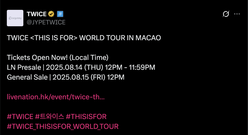 250814 Jypetwice Twitter Update - مرتين  World Tour في Macao. التذاكر مفتوحة الآن!