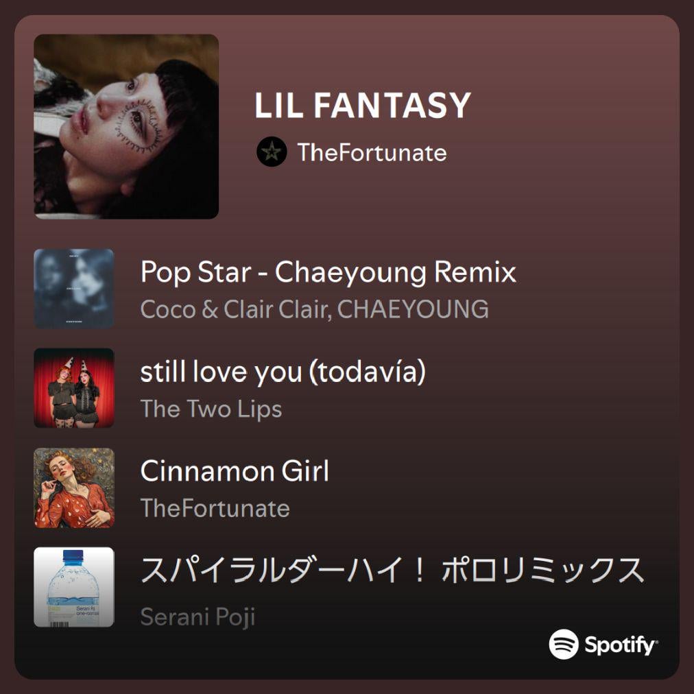 لقد صنعت قائمة تشغيل Spotify مستوحاة من Chaeyoung Lil Fantasy Vol 1. سأقوم بتضمين جميع المسارات بمجرد إصدار الألبوم