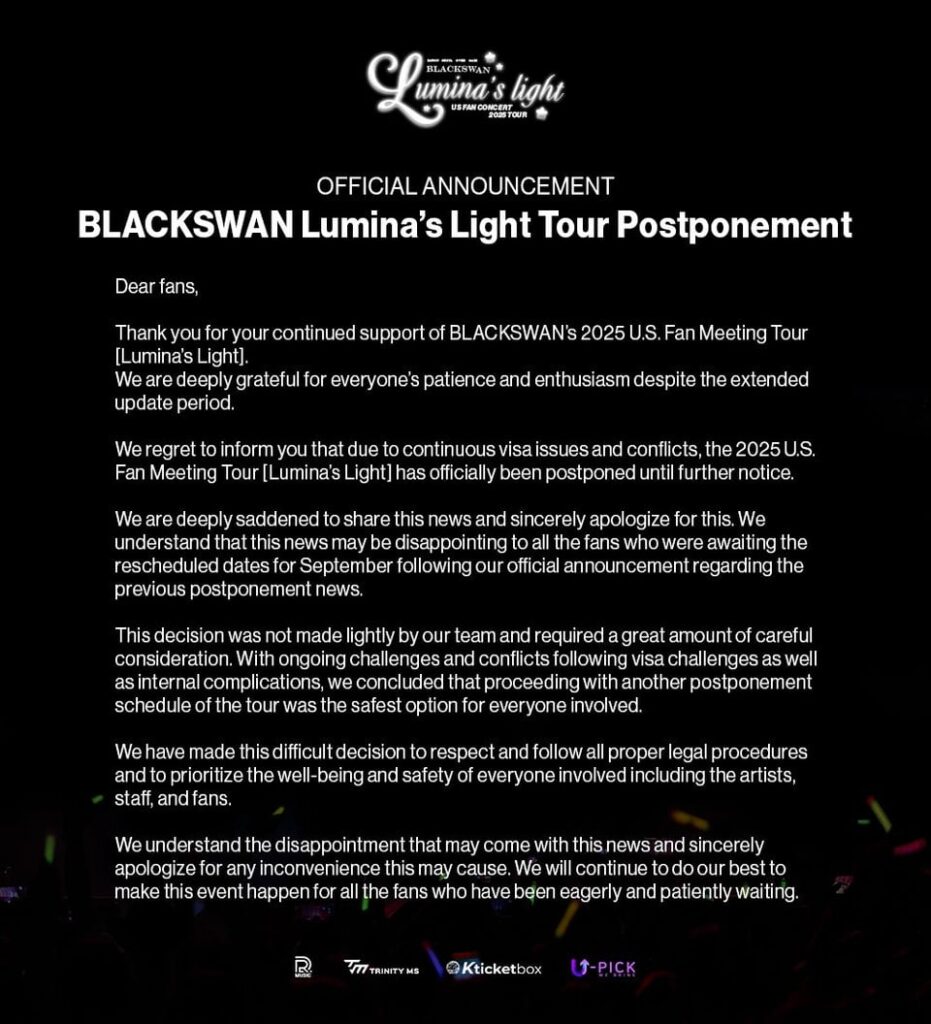 تم تأجيل جولة اجتماع المعجبين في Blackswan لعام 2025 "Lumina's Light" حتى إشعار آخر بسبب قضايا التأشيرة المستمرة والصراعات