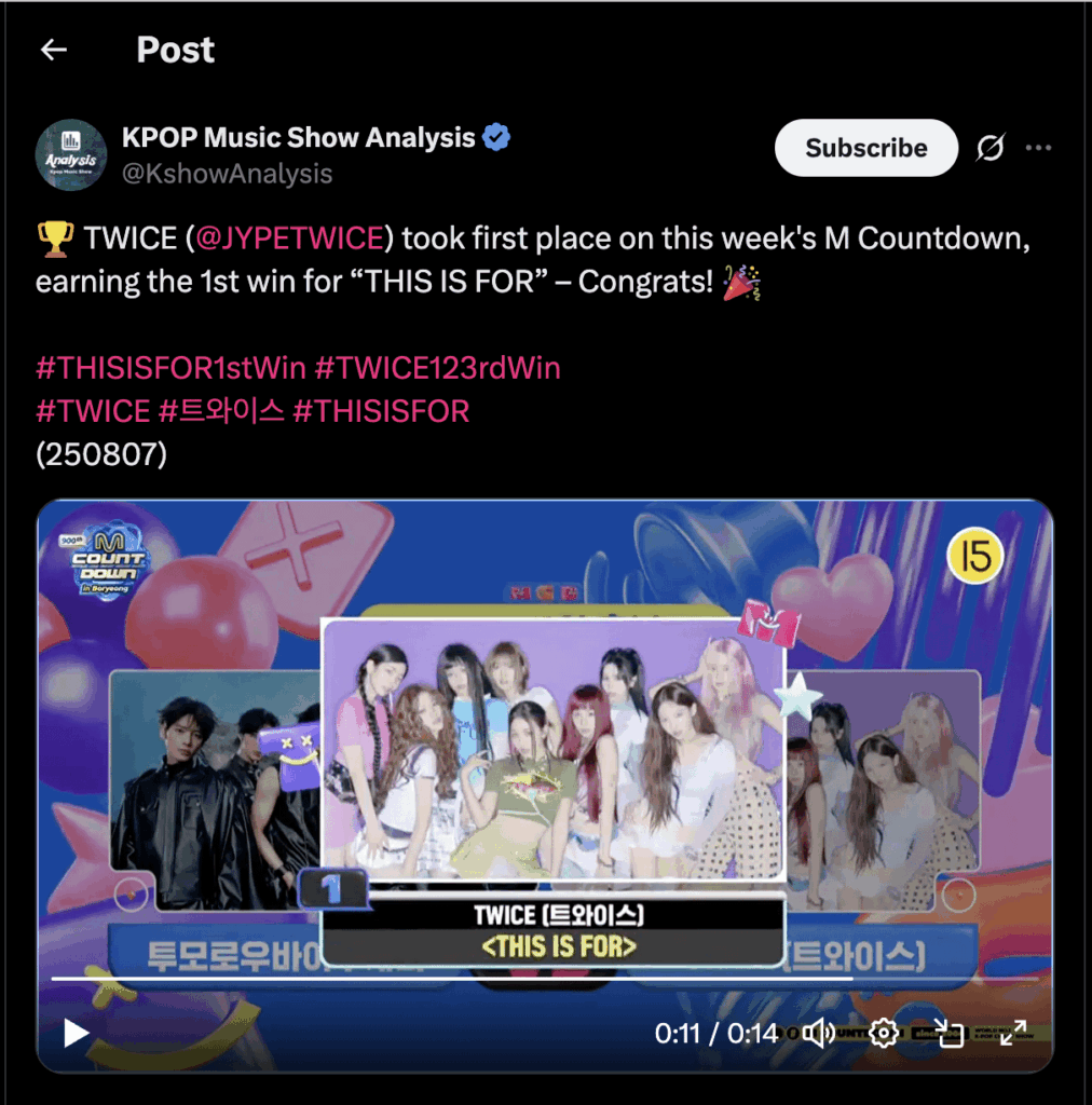 250807 KSHOWANALYST TWITLE تحديث - 🏆 مرتين (JYPETWICE) احتل المركز الأول في العد التنازلي هذا الأسبوع ، وحصل على الفوز الأول على "This Is for" - تهانينا!