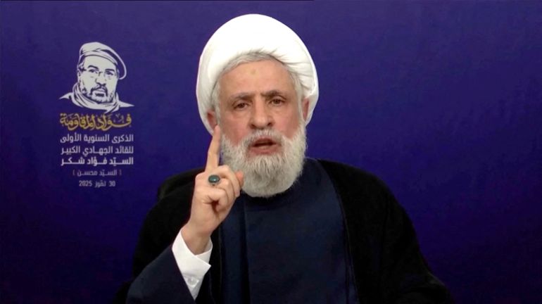 FILE PHOTO: Lebanon’s Hezbollah Chief Naim Qassem gives a televised speech from an unknown location, July 30, 2025 in this screen grab from video. Al Manar TV/REUTERS TV/via REUTERS THIS IMAGE HAS BEEN SUPPLIED BY A THIRD PARTY/File Photo