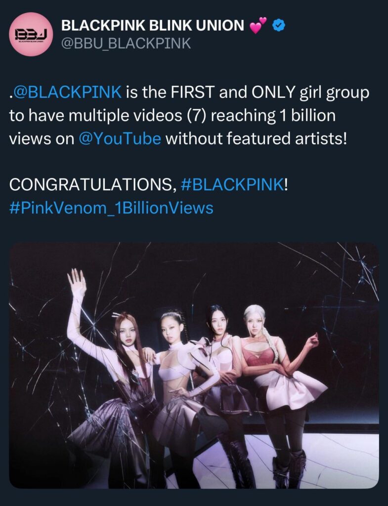 250804 يصبح Blackpink المجموعة الأولى والوحيدة التي لديها العديد من مقاطع الفيديو (7) تصل إلى مليار مشاهدة على YouTube دون فنانين متميزين!