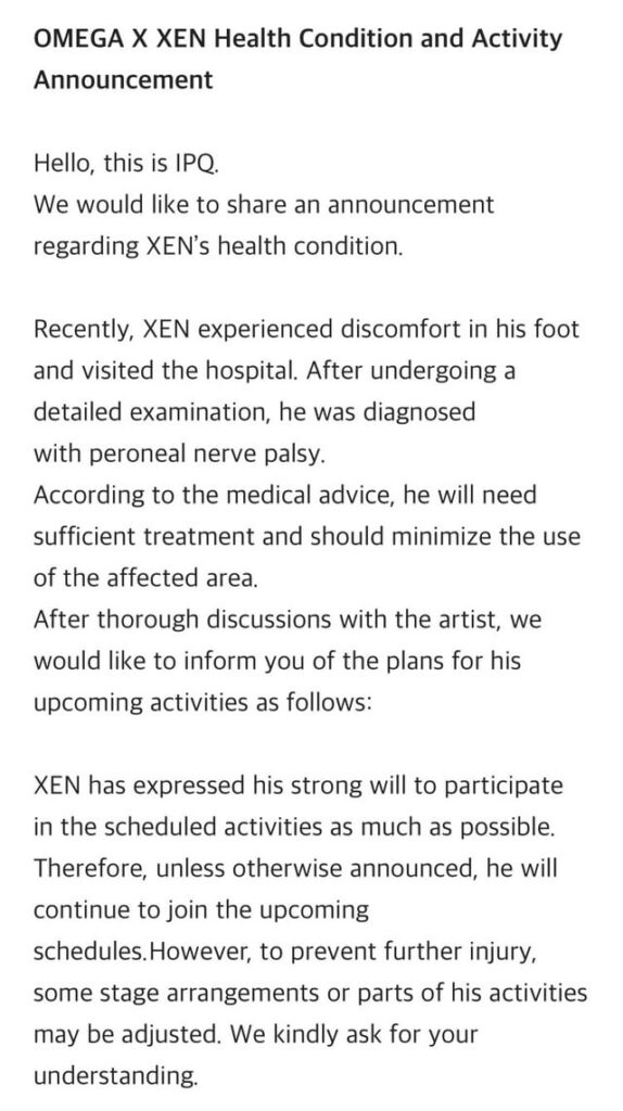 تم تشخيص Omega X Xen مع الشلل العصبي العظمي. سيواصل المشاركة في الأنشطة المجدولة ، ولكن سيتم إجراء التعديلات.