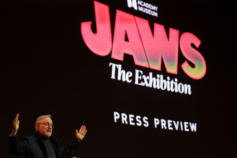 Director Steven Spielberg speaks during a press preview for "Jaws: The Exhibition" at the Academy Museum of Motion Pictures in Los Angeles, California, U.S., September 10, 2025. REUTERS/Daniel Cole