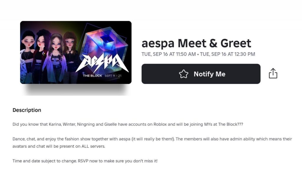 250913 AESPA لعقد حدث لقاء وترحيب "Roblox" في 16 سبتمبر في الساعة 11:50 صباحًا - 12:30 مساءً KST