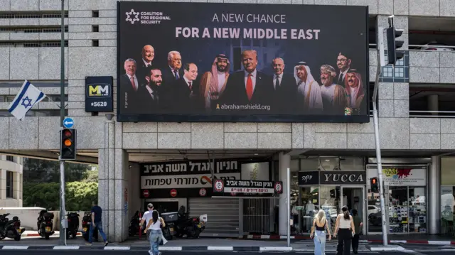 لافتة عليها صور لمجموعة من زعماء دول الشرق الأوسط يتوسطهم الرئيس الأمريكي ترامب وتحمل عبارة "فرصة جديدة من أجل شرق أوسط جديد"