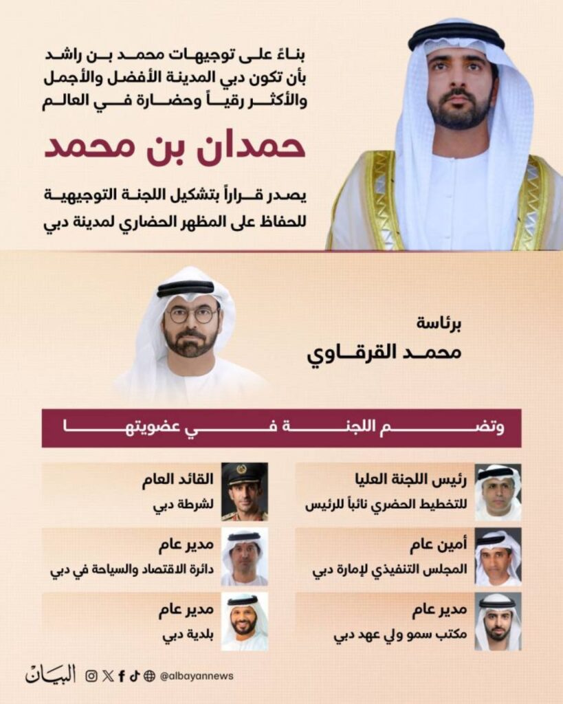تنفيذاً لرؤية محمد بن راشد.. حمدان بن محمد يصدر قراراً بتشكيل اللجنة التوجيهية للحفاظ على المظهر الحضاري لدبي