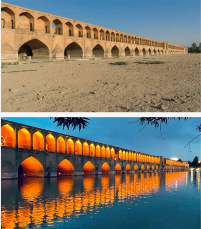 صورتان لجسر سي وسه بل (المعروف كذلك باسم 33)، إحداهما بعد أن جفّ نهر زاينده رود 