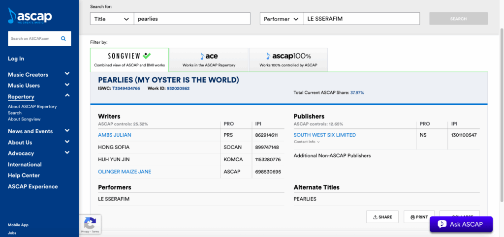 250913 تم تسجيل أغنية تسمى "Pearlies (My Oyster is the World)" بموجب Le Sserafim على ASCAP. هوه يونجين الفضل كأحد الكتاب.