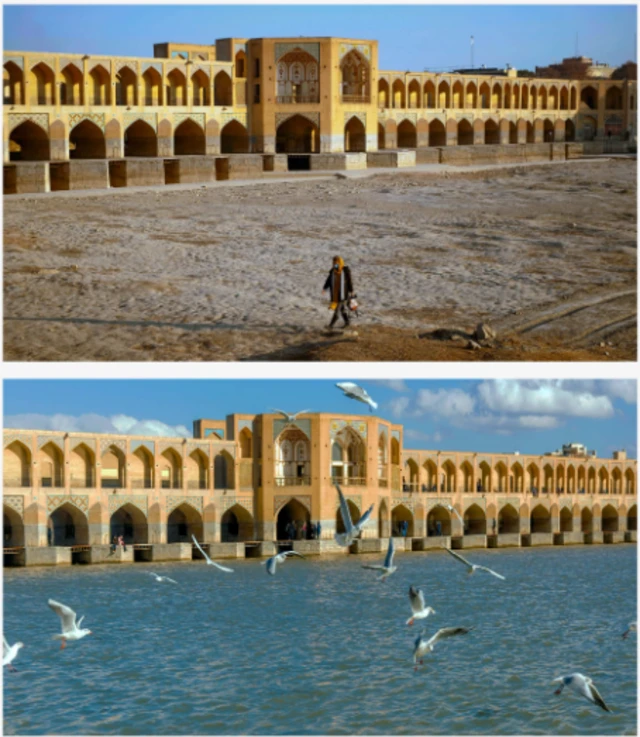 جسر خاجو في صورتين قبل وبعد جفاف نهر زاينده رود