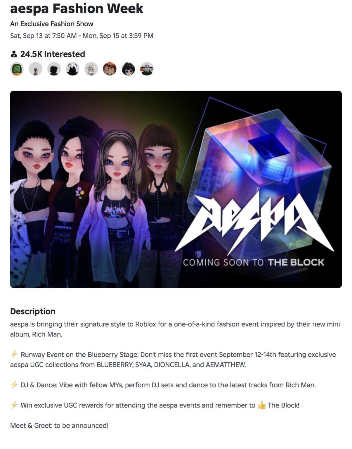 250911 AESPA X ROBLOX - عرض أزياء في كتلة "بلوك العليق" (الجدول الزمني + معلومات الحدث)