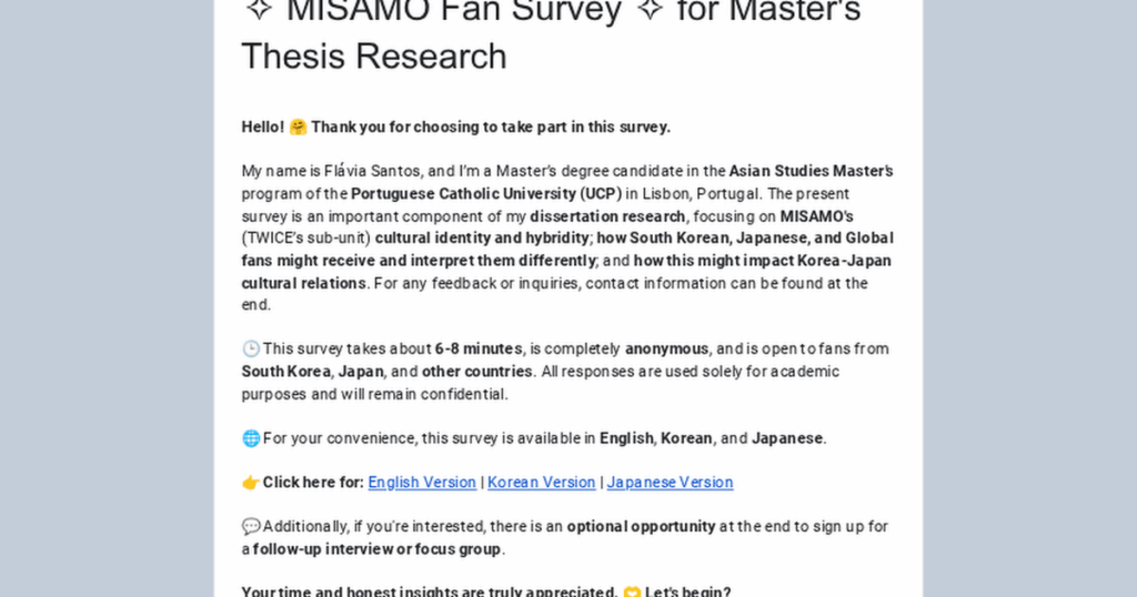 البحوث الأكاديمية على ميسامو للحصول على أطروحة الماجستير | استدعاء جميع البطن ومشجعي ميسامو للمشاركة 💗