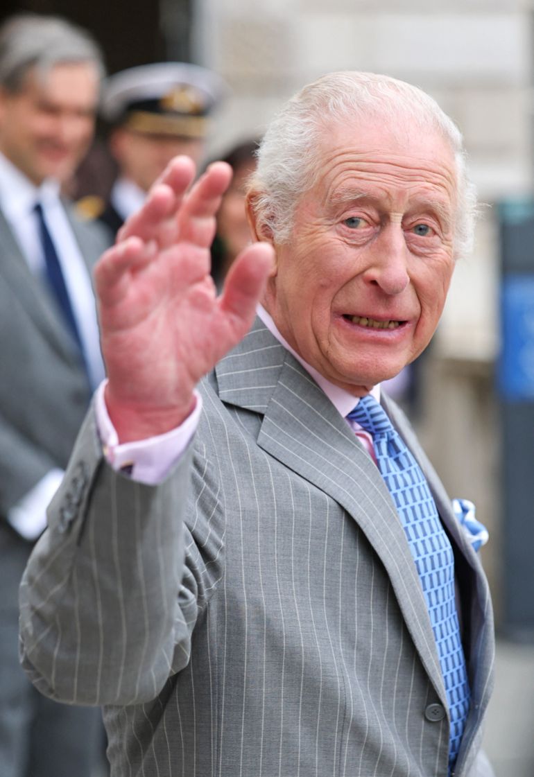Britain's King Charles III waves during a visit of the exhibition "Soil: The World at Our Feet" at Somerset House in central London, on March 26, 2025. (Photo by Chris Jackson / POOL / AFP)