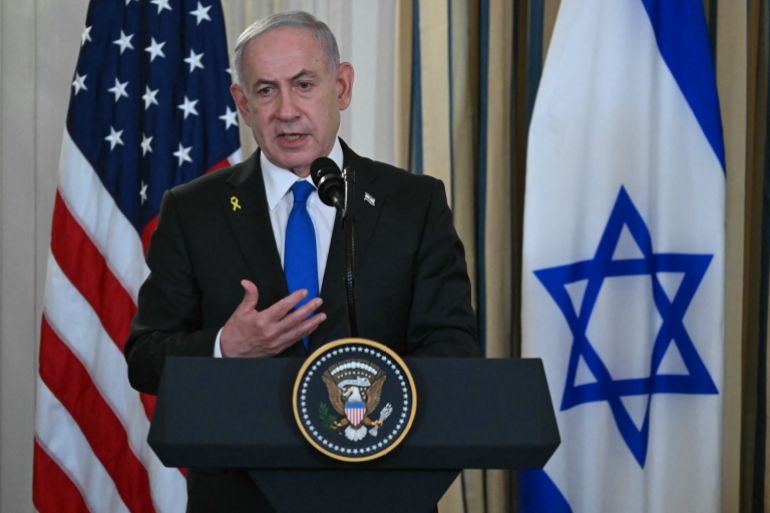Israeli Prime Minister Benjamin Netanyahu participates in a joint press conference with US President Donald Trump (off frame) in the State Dining Room of the White House in Washington, DC on September 29, 2025.