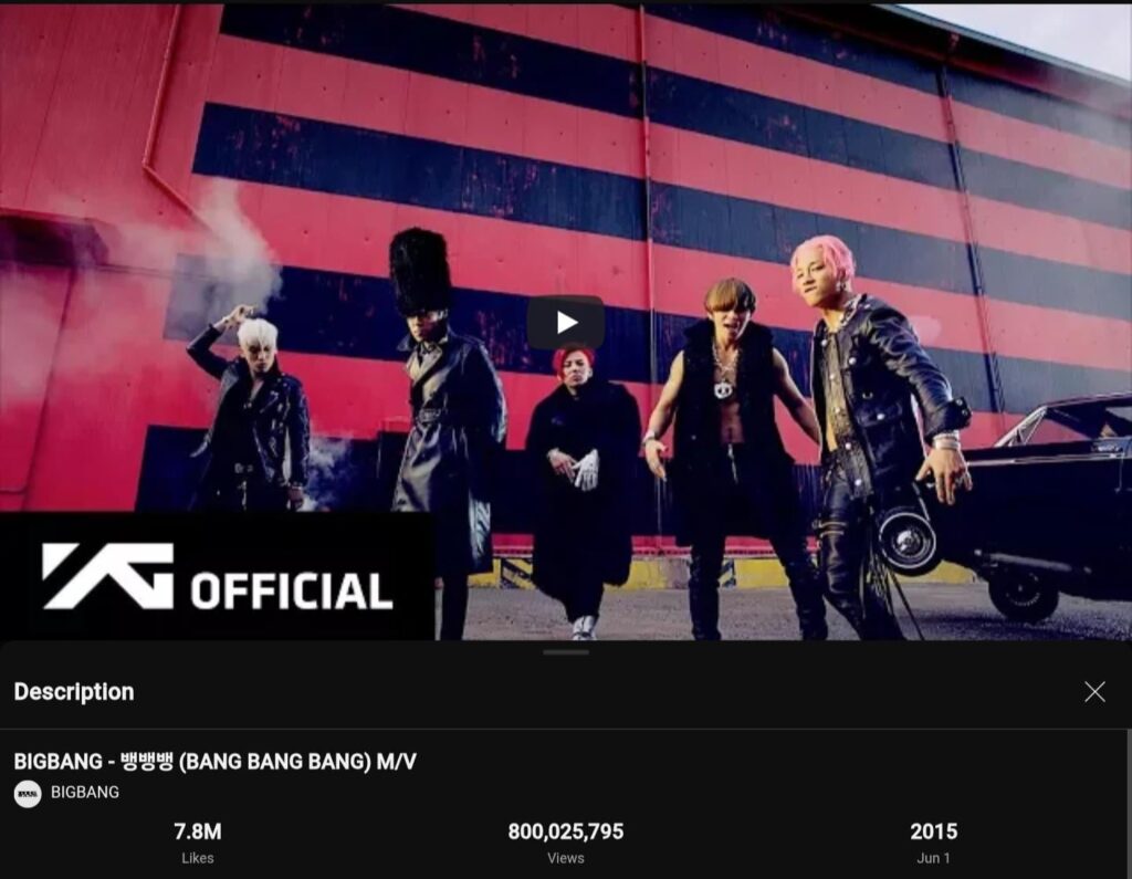 يصبح "Bang Bang Bang" من Bigbang أول MV الذي يصل إلى 800 مليون مشاهدة