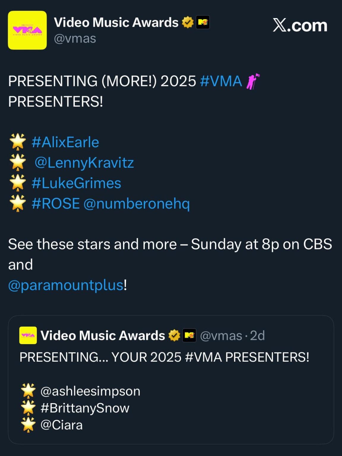 250905 Rosé اسمه كأحد مقدمي العروض لجوائز MTV Video Music Awards 2025!