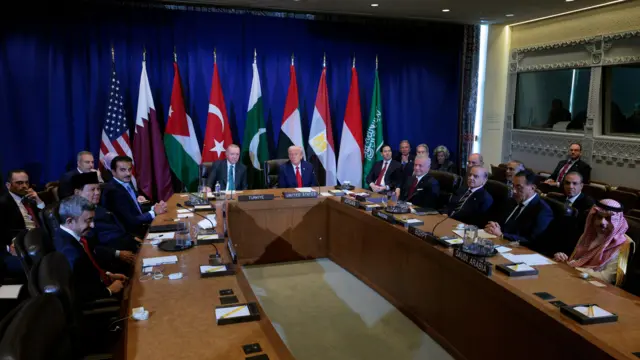 الرئيس الأمريكي، دونالد ترامب، خلال اجتماعه مع قادة عرب ومسلمين وبينهم الرئيس التركي رجب طيب أردوغان وأمير دولة قطر الشيخ تميم بن حمد آل ثاني وملك الأردن عبدالله الثاني