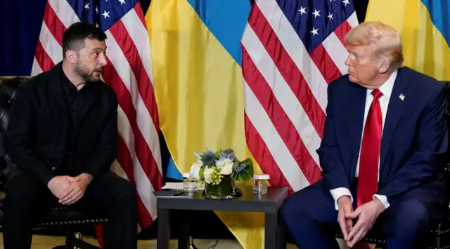 يرتدي زيلينسكي (يسار) سترة وقميصاً رسميين بلون أسود، بينما يرتدي ترامب بدلةً كحلية اللون وقميصاً أبيض وربطة عنق حمراء. يجلسان بجانب بعضهما البعض وخلف كل واحد منهما العلم الأوكراني والأمريكي.