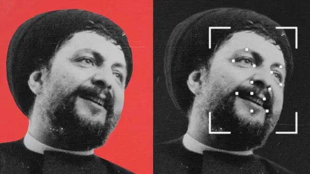 صورتان متطابقتان لموسى الصدر، كلاهما بالأبيض والأسود، إحداهما بخلفية حمراء والأخرى تُظهر نقاط تتبع الهوية