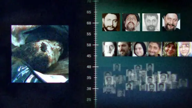 صورة الجثة في المشرحة (يسار) وصور أفراد عائلة الصدر ورجال عشوائيين لا علاقة لهم بالصدر