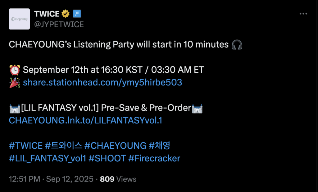 250912 تحديث Jypetwice Twitter - سيبدأ حفل الاستماع في Chaeyoung في 10 دقائق