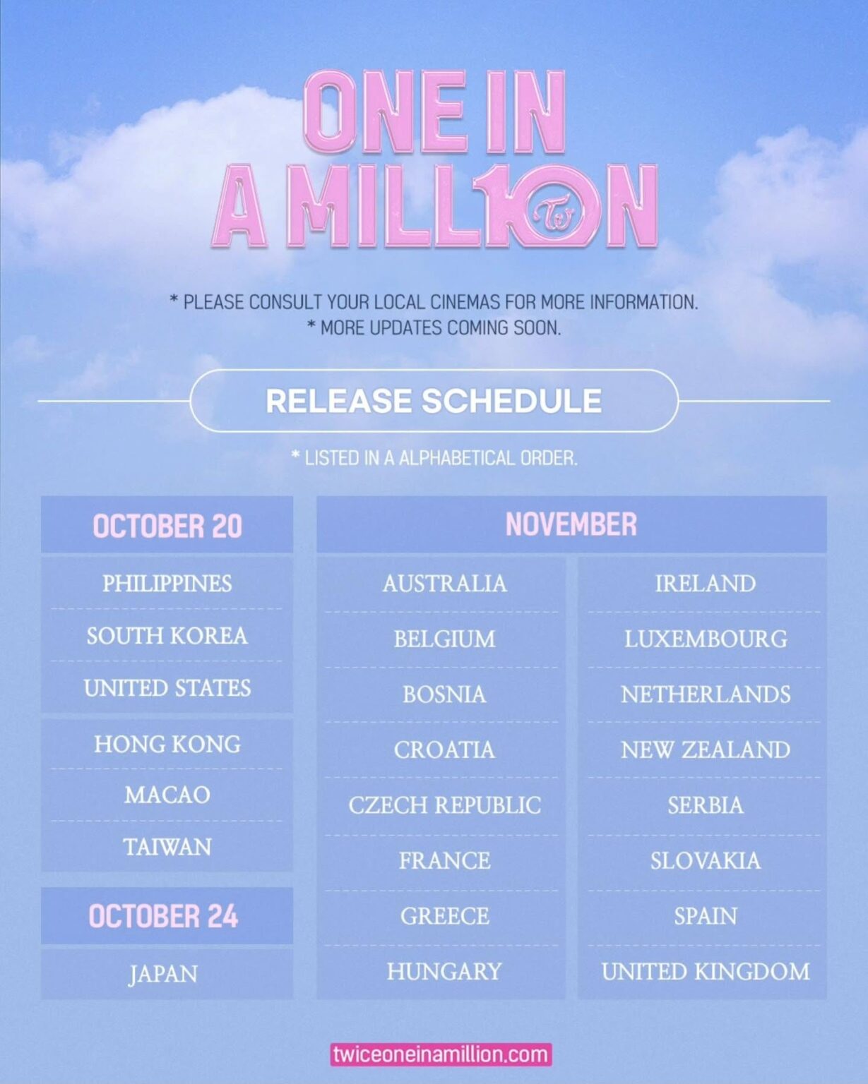 250923 تحديث Instagram - واحد في مليون ، مرتين! ✨ 〈〈واحد في جدول الإصدار العالمي mill10n〉 🌍 🌍 ✨ ✨ ✨ ✨ ✨ ✨ ✨ ✨ ✨ 〈〈✨ ✨ ✨ ✨ ✨ ✨ ✨ ✨ ✨ ✨ ✨ ✨ ✨ ✨ 💖 تبدأ رحلة عالمية - مع مرتين ومرة ​​واحدة 📌 تحقق من السينما المحلية لمزيد من المعلومات 👉 twiceOneinamillion.com