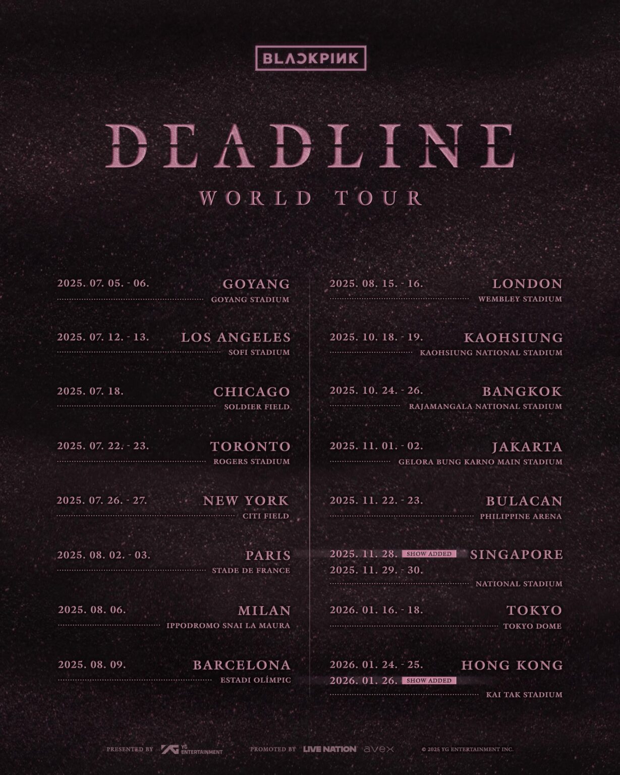 250919 جولة Blackpink World Tour  تمت إضافة عروض