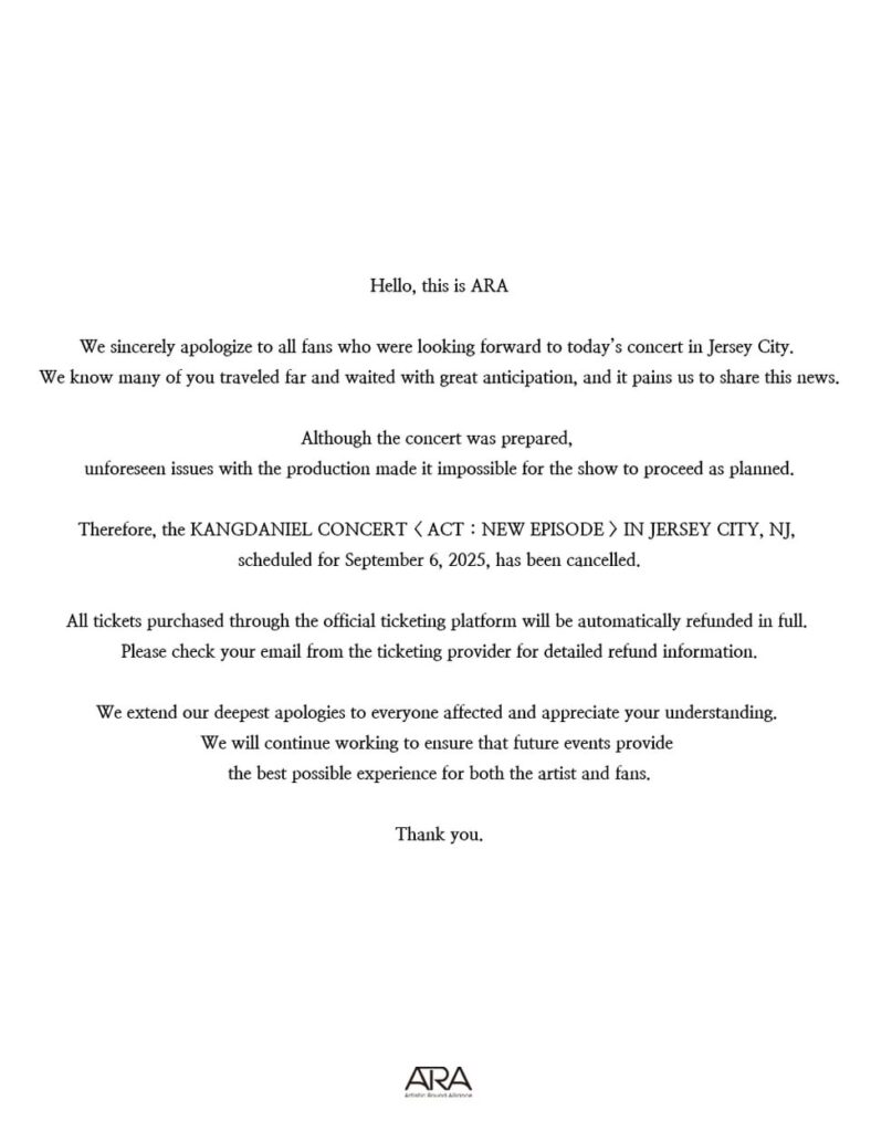 تم إلغاء حفل Kang Daniel لعام 2025 "ACT: New Episode" في Jersey City ، نيوجيرسي ،