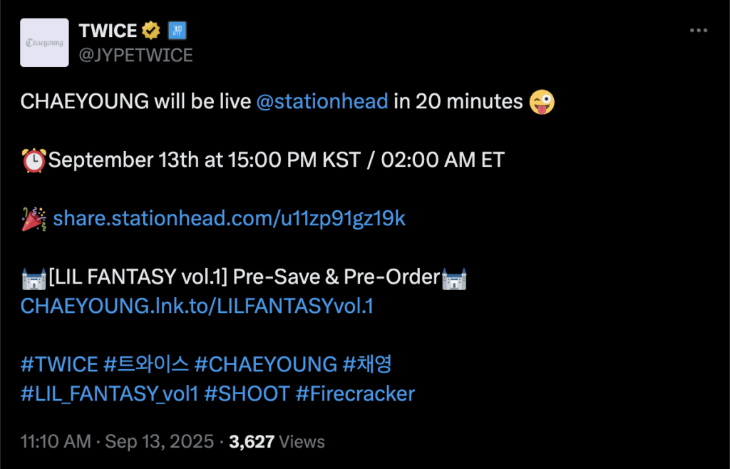 250913 Jypetwice Twitter Update - سيتم بث Chaeyoung على رأس المحطة في 20 دقيقة!