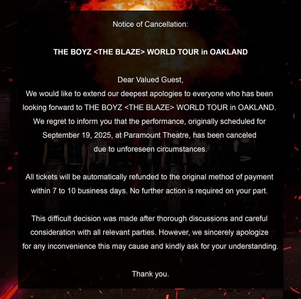 تم إلغاء جولة Boyz  العالمية في Oakland Show ، وتغيير أماكن أخرى