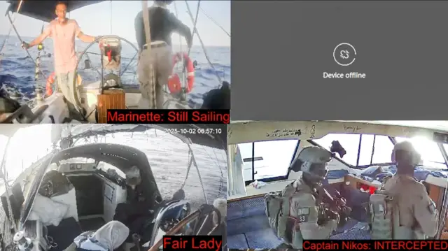 لقطة من مقطع مصورة من كاميرات المراقبة تظهر صعود قوات إسرائيلية على متن قارب كابتن نيكوس، وهي جزء من "أسطول الصمود العالمي" أثناء إبحارها باتجاه غزة في البحر الأبيض المتوسط ​