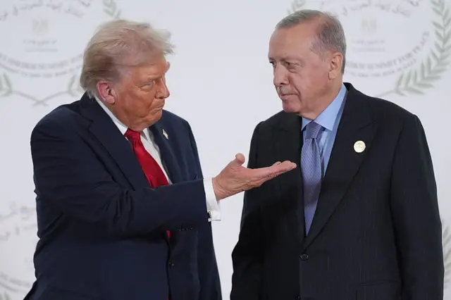 شرم الشيخ، مصر – أكتوبر/تشرين الأول 2025: الرئيس الأمريكي دونالد ترامب (يميناً) يصافح الرئيس التركي رجب طيب أردوغان خلال قمة تجمع قادة أوروبيين وشرق أوسطيين في شرم الشيخ.