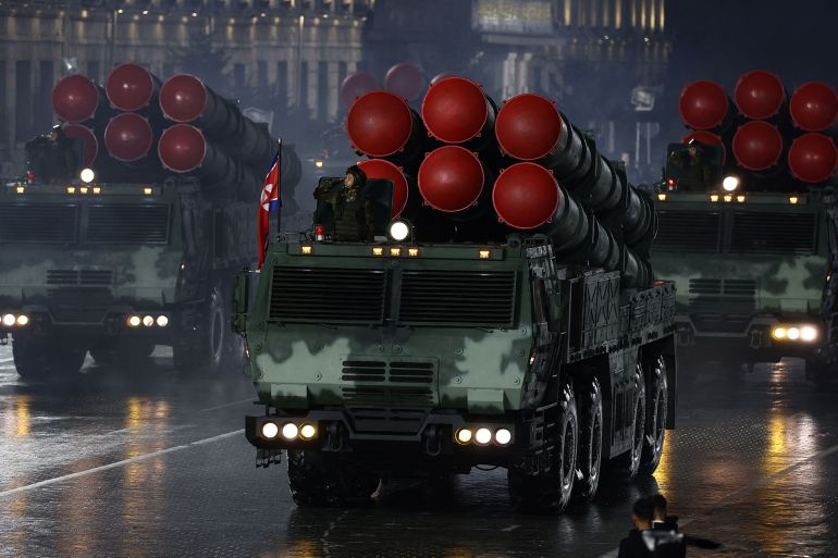 This picture taken on October 10, 2025 and released from North Korea's official Korean Central News Agency (KCNA) on October 11, 2025 shows the military parade to celebrate the 80th founding anniversary of the Workers' Party of Korea at Kim Il Sung Square in Pyongyang