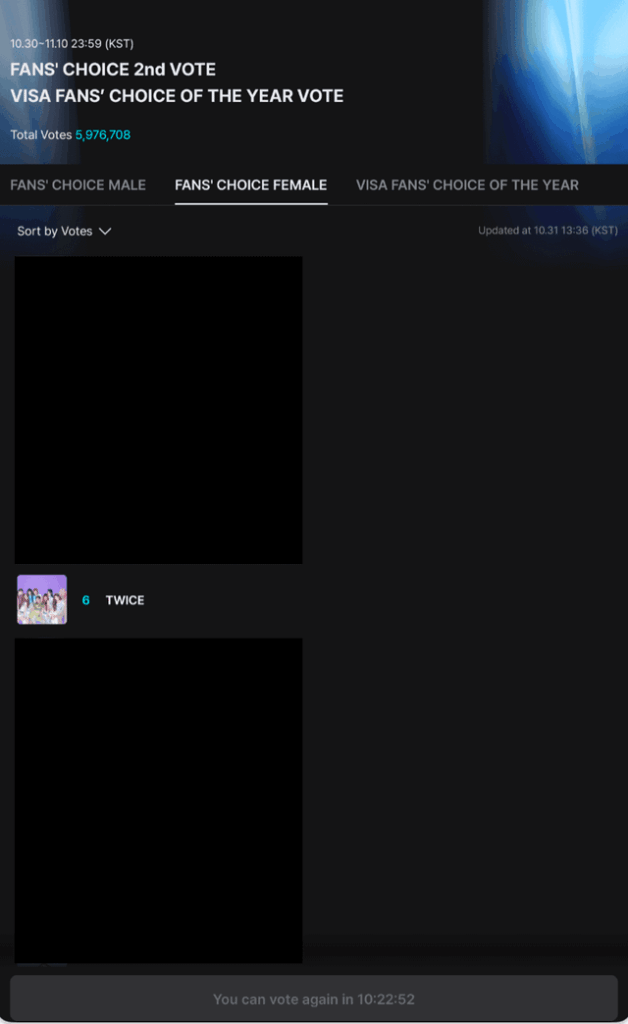 251030 تحديث MNET+ - التصويت الثاني لجوائز MAMA لعام 2025، اختيار المعجبين واختيار معجبي Visa لهذا العام، بدأ التصويت! TWICE حاليًا في المرتبة السادسة للأولى.