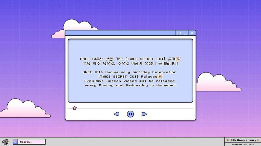 251031 تحديث تويتر - الاحتفال بالذكرى السنوية العاشرة لعيد الميلاد [TWICE SECRET CUT] إطلاق🎉 سيتم إصدار مقاطع فيديو حصرية غير مرئية كل يوم اثنين وأربعاء في نوفمبر!