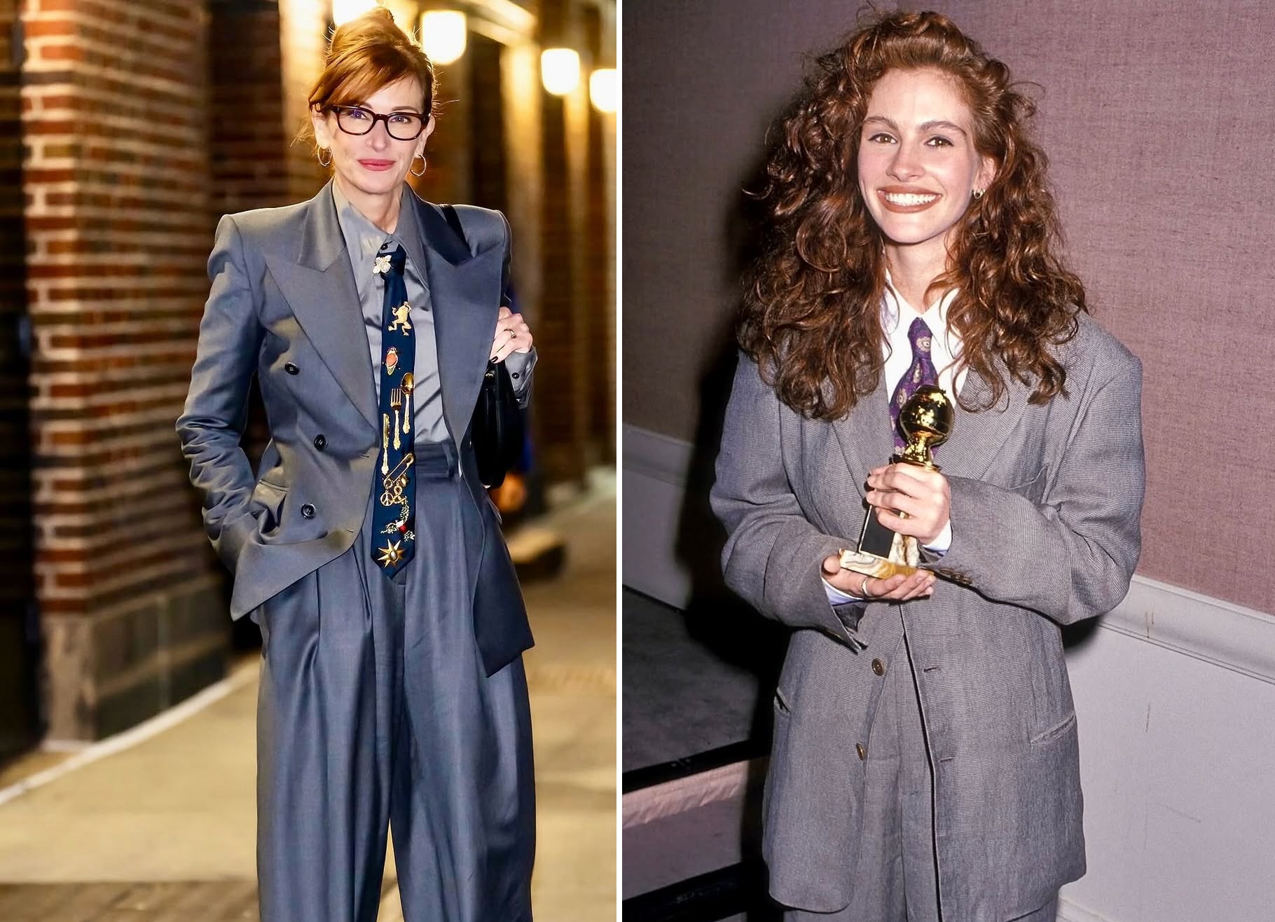 جوليا روبرتس بالبدلة الرمادية بين الماضي واليوم (انستغرام)