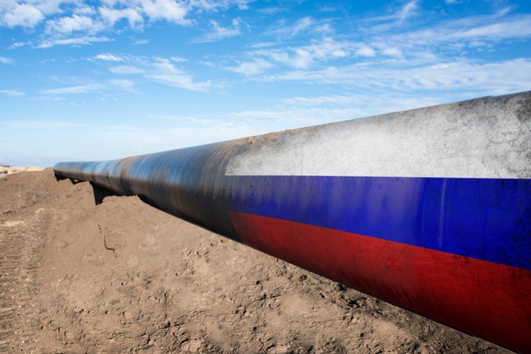 Concept of natural gas distribution through pipes with Russian flag on it.
