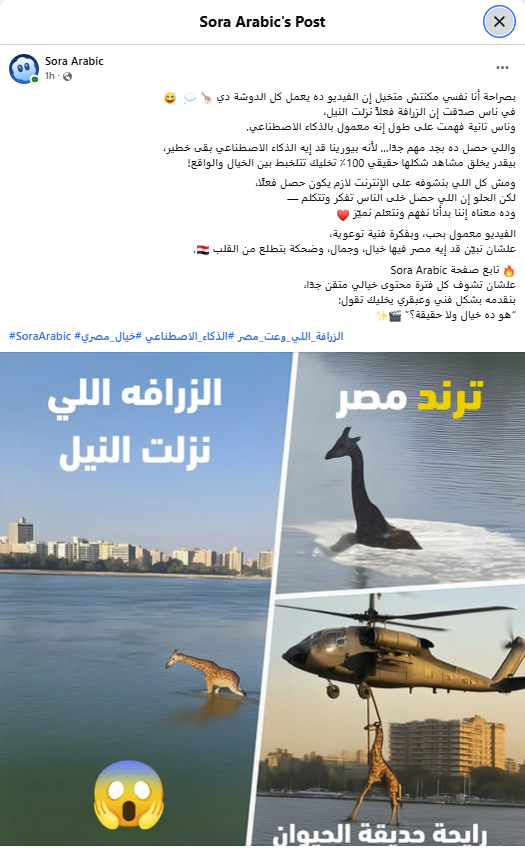 منشور صفحة SORA Arabic في الفايسبوك في 21 تشرين الاول 2025