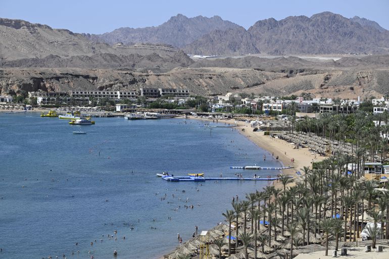 A general view shows beach resorts in the Red Sea port of Sharm el-Sheikh on the southern tip of Egypt's Sinai Peninsula on October 9, 2025, where Israel and Hamas agreed on a Gaza ceasefire deal that could free the remaining living hostages within days, in a major step toward ending a war that has killed tens of thousands and unleashed a humanitarian crisis.