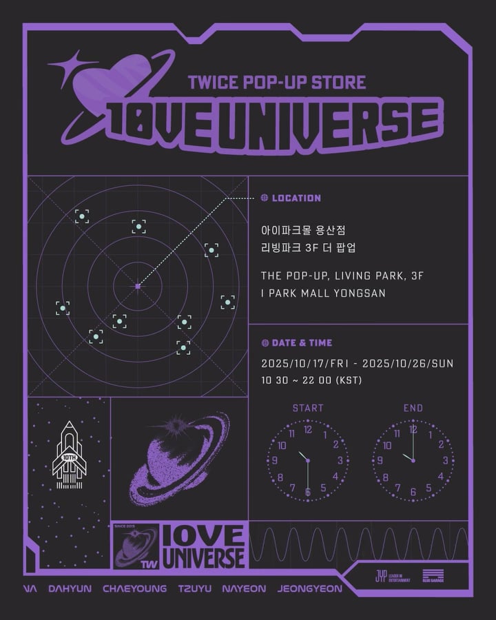 251007 Jypshop_official instagram update - 2025 Twice Fanmeeting
[10VE UNIVERSE] متجر منبثق - دعوة لمرة واحدة وصلت إلى الوجهة: [10VE UNIVERSE] المنبثقة - الراكب: مرة واحدة - أراك في 10 مرات الكون المنبثقة 🚀🌠25.10.17 الجمعة - 10.26 الشمس (KST)