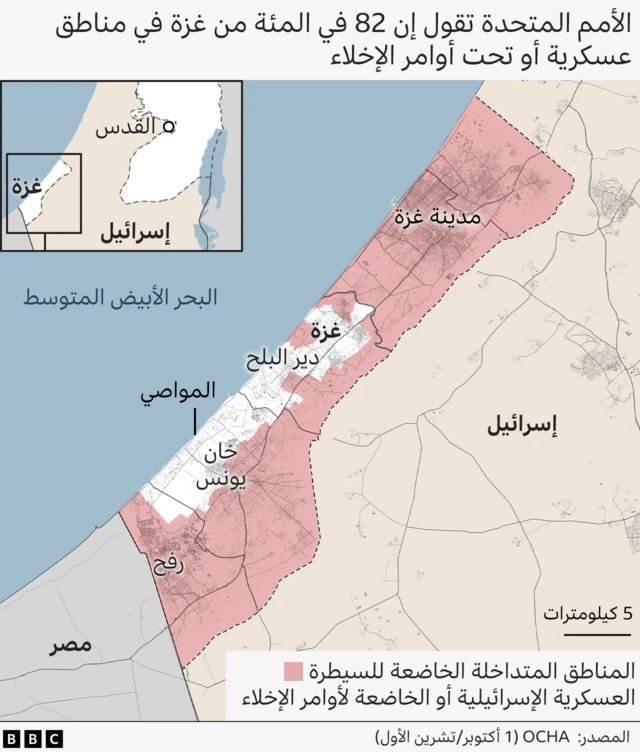 خريطة لقطاع غزة تُظهر المناطق الخاضعة للسيطرة العسكرية الإسرائيلية أو الخاضعة لأوامر إخلاء إسرائيلية. هذه المنطقة ملونة باللون الوردي. أما المنطقة المتبقية - وهي شريط يمتد جنوبًا على طول ساحل غزة - فهي بيضاء اللون. المصدر: مكتب تنسيق الشؤون الإنسانية التابع للأمم المتحدة.
