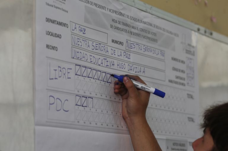 LA PAZ, BOLIVIA - OCTOBER 19: An electoral jury writes down the votes during the vote counting at the Hugo Davila School during the presidential run-off on October 19, 2025 in La Paz, Bolivia. Bolivians head to the polls amid an important economic crisis, fuel shortage, and an increase in prices. (Photo by Gaston Brito Miserocchi/Getty Images)