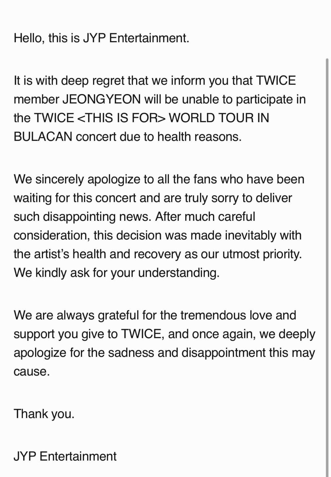 251002 تحديث مرتين من المعجبين - Jeongyeon لتغيب عن مرتين  World Tour في بولاكان