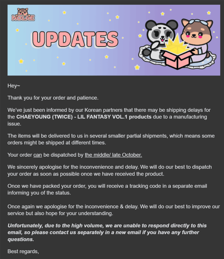 251002 Nolae Update - Chaeyoung (مرتين) - تأخير الشحن Lil Fantasy Vol.1