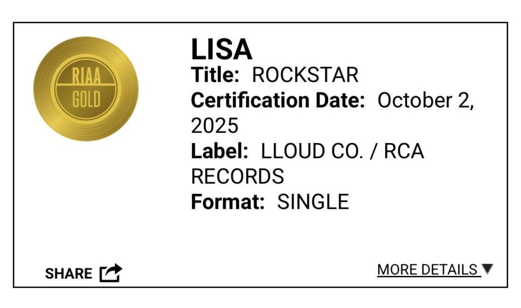 251002 ليزا - "Rockstar" الآن معتمد من Riaa Gold!
