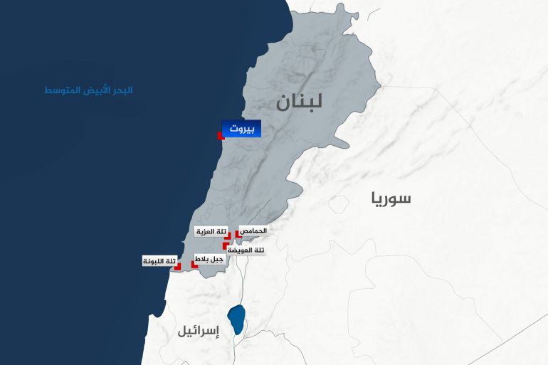 خريطة لبنان، توضح البلدات التالية فيها: تلة اللبونة : تقع في القطاع الغربي ضمن خراج بلدتي الناقورة وعلما الشعب. جبل بلاط : يقع بين بلدتي مروحين (صور) وراميا (بنت جبيل)، ويؤمّن إشرافا واسعا على القطاعين الغربي والأوسط، يبعد أقل من كيلومتر واحد عن الخط الأزرق . تلة العويضة : تبعد نحو كيلومتر واحد عن الحدود، وتقع بين بلدتي العديسة وكفركلا. تلة العزية : تبعد نحو كيلومترين عن الحدود، وتقع في خراج بلدة دير سريان (مرجعيون الشرقي)، تُشرف على مجرى نهر الليطاني من المحمودية إلى الزوطرين، . الحمامص : تقع عمليا في خراج بلدة الخيام.