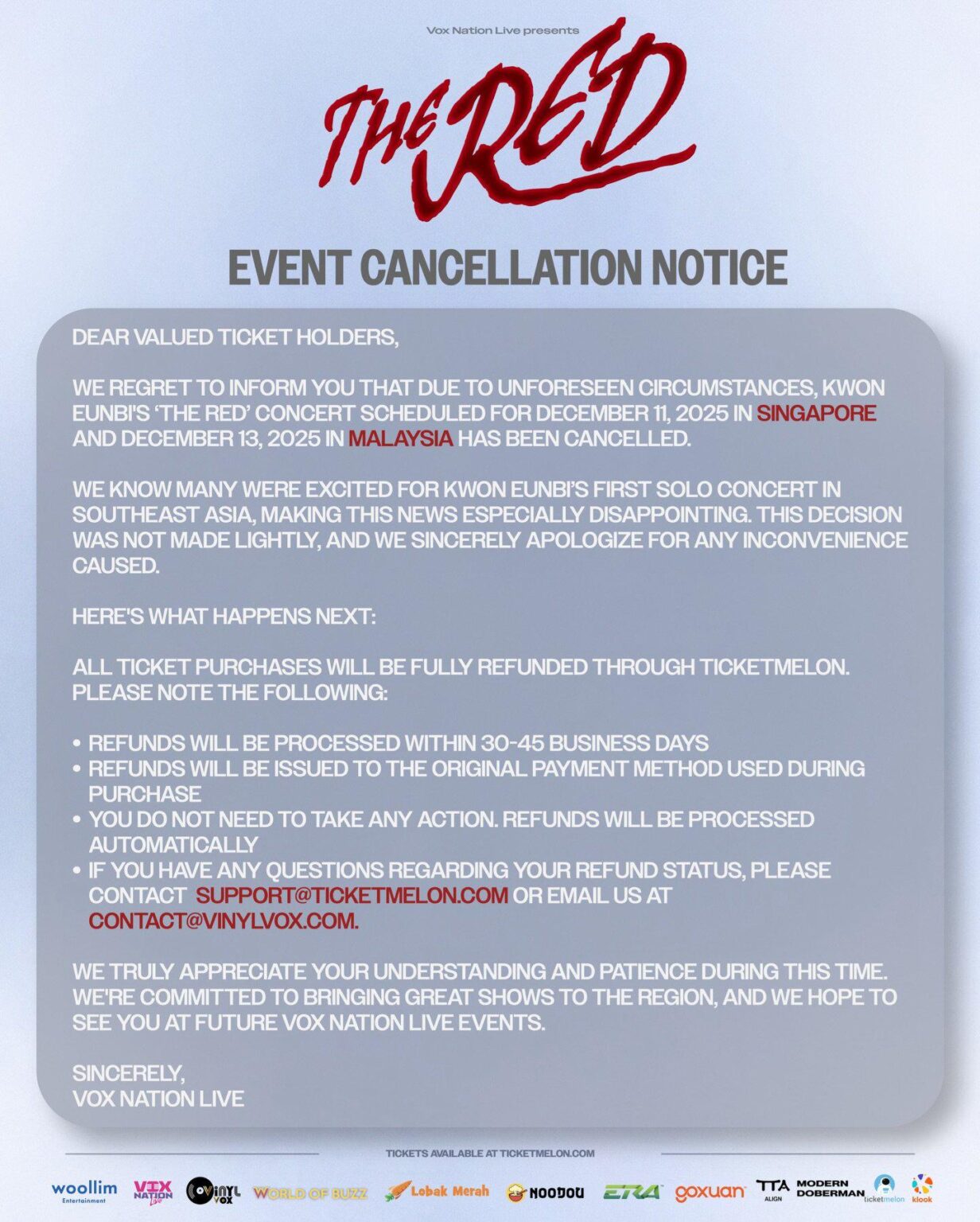 تم إلغاء حفلات Kwon Eunbi لعام 2025 "THE RED" في سنغافورة وماليزيا بسبب ظروف غير متوقعة