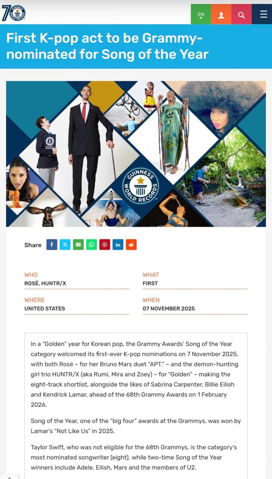 حصلت ROSÉ على رقمين قياسيين جديدين في موسوعة غينيس للأرقام القياسية لكونها أول عمل بوب كوري يتم ترشيحه لجائزة سجل العام وأغنية العام في حفل توزيع جوائز جرامي!
